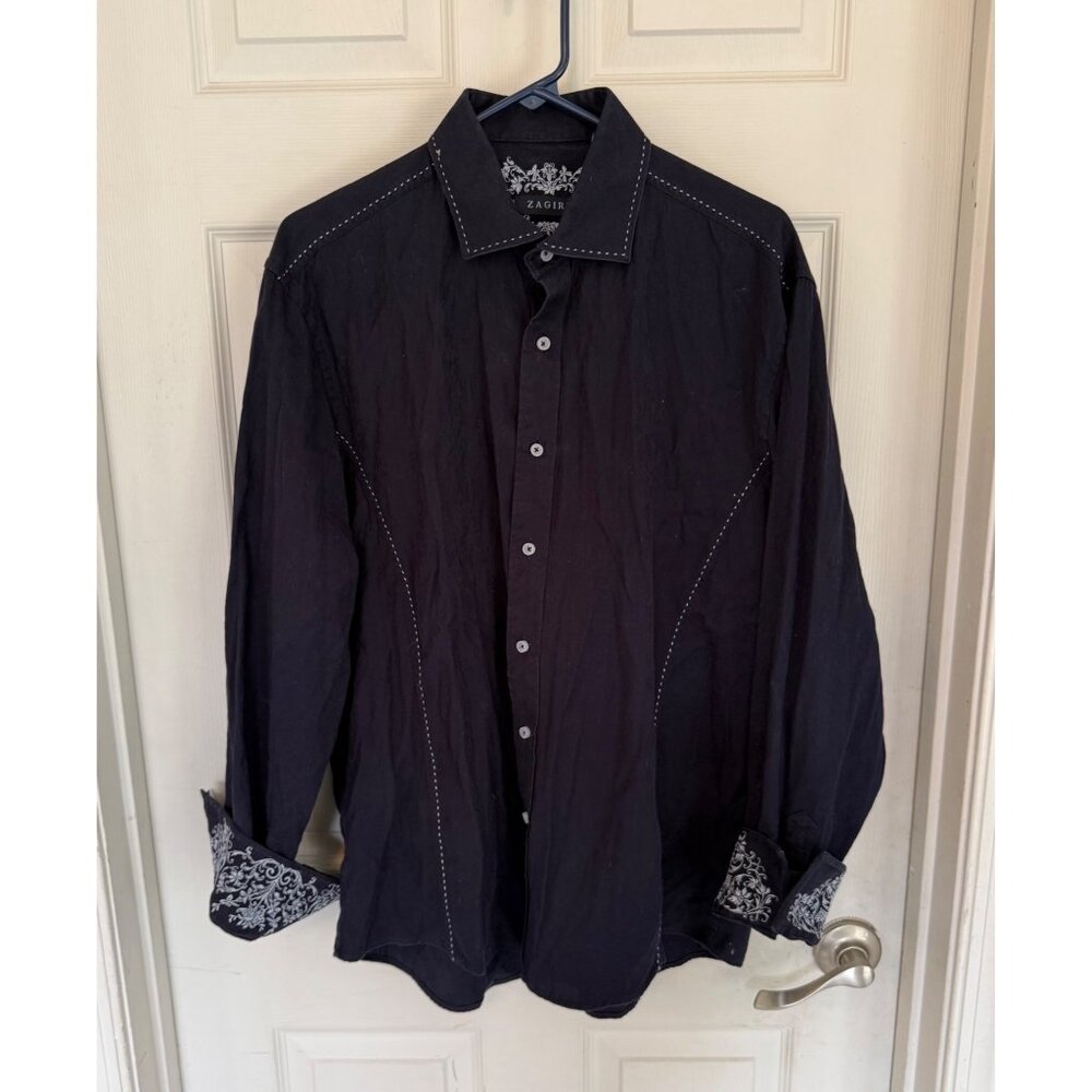 Zagiri Men's Navy Blue Embroidered Stitching Button Down Shirt Size XL